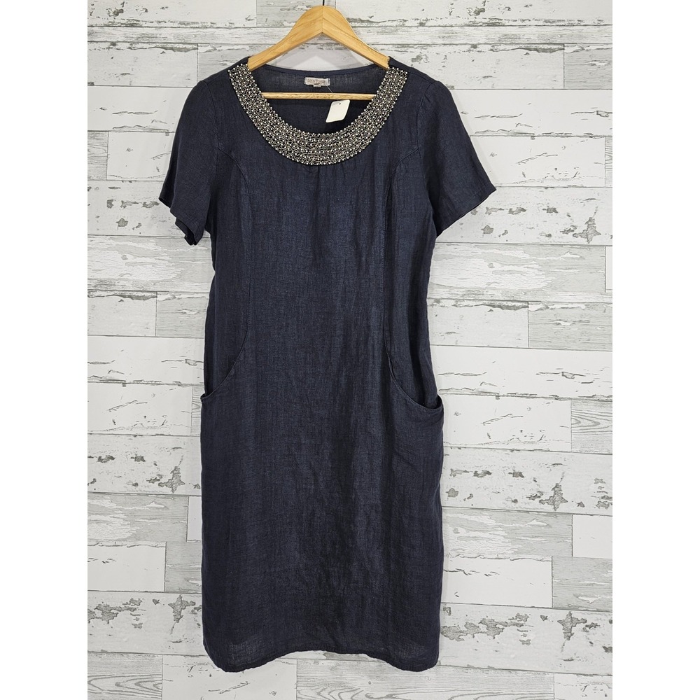 Lina Tomei Italy Navy Blue Linen Beaded Neck Pocket Shift Dress Womens Small